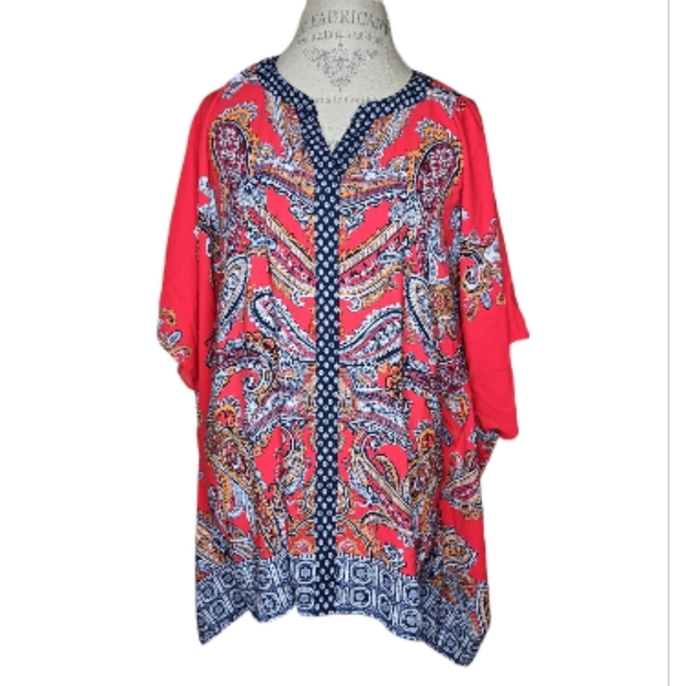 Susan Graver Red Navy Paisley Bat Wing Tunic Size Large